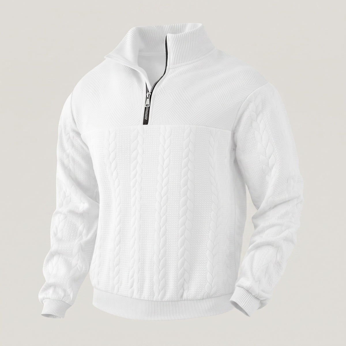 Men's quarter-zip sweatshirt with a cable texture and stand collar - white