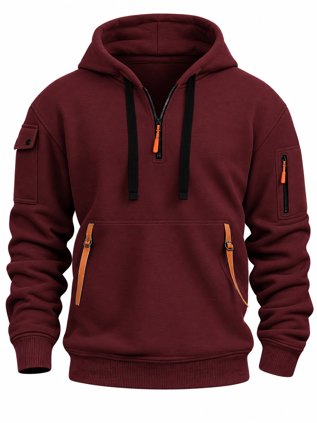 Men's quarter-zip hoodie with contrast zip pockets - burgundy