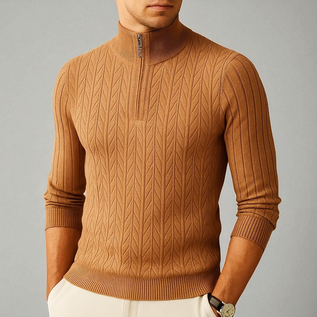 Men's quarter-zip jumper with a stand collar and vertical herringbone ribs - camel