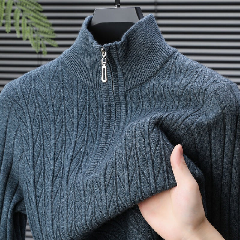 Men's quarter-zip jumper with a stand collar and vertical herringbone ribs - blue grey