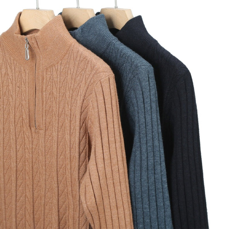 Men's quarter-zip jumper with a stand collar and vertical herringbone ribs - view 4