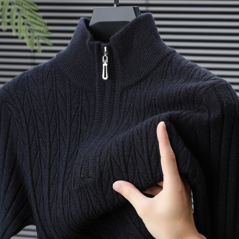Men's quarter-zip jumper with a stand collar and vertical herringbone ribs - view 5