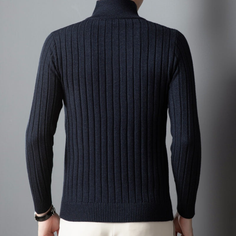 Men's quarter-zip jumper with a stand collar and vertical herringbone ribs - view 7