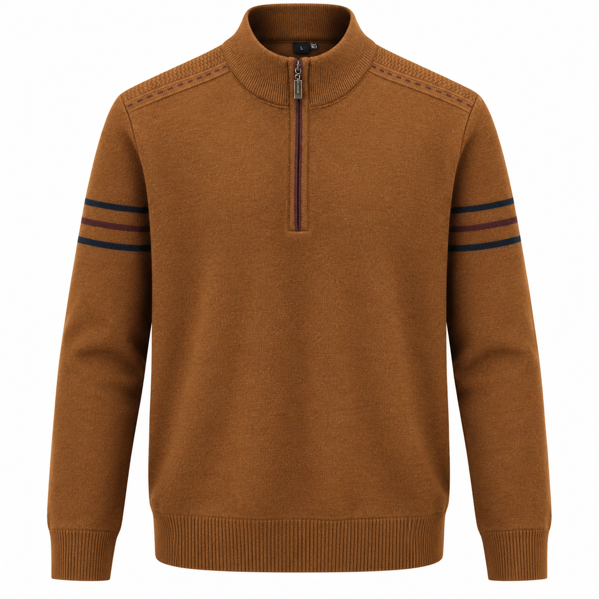 Men's quarter-zip jumper with a stand collar and striped sleeves - rust