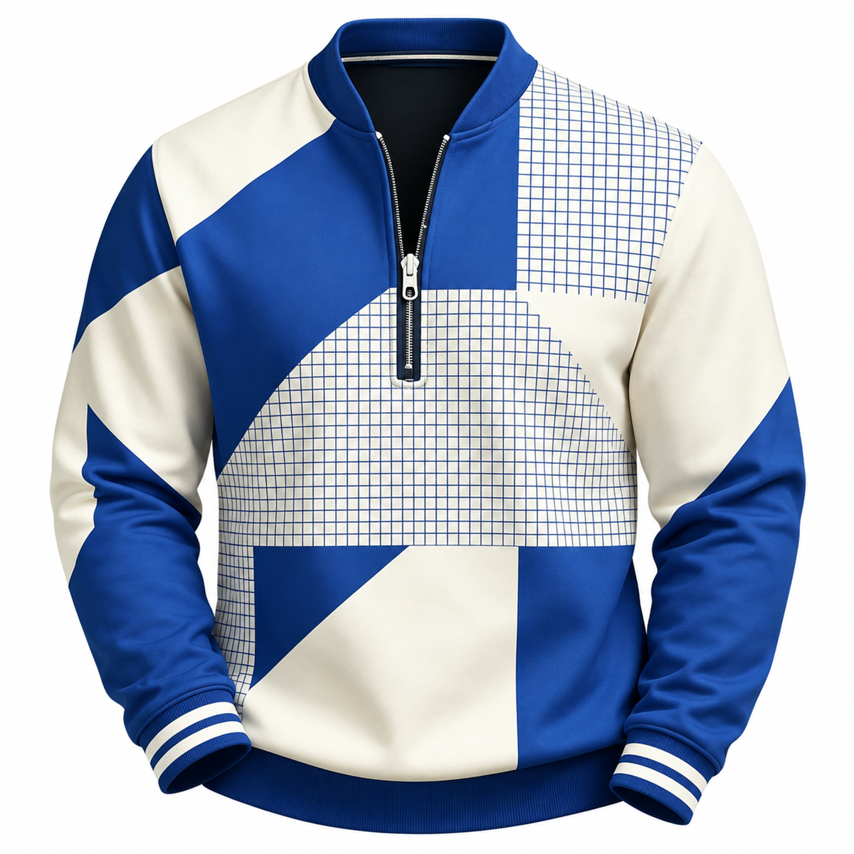 Men's quarter-zip sweatshirt with a patchwork print and stand collar - blue/cream