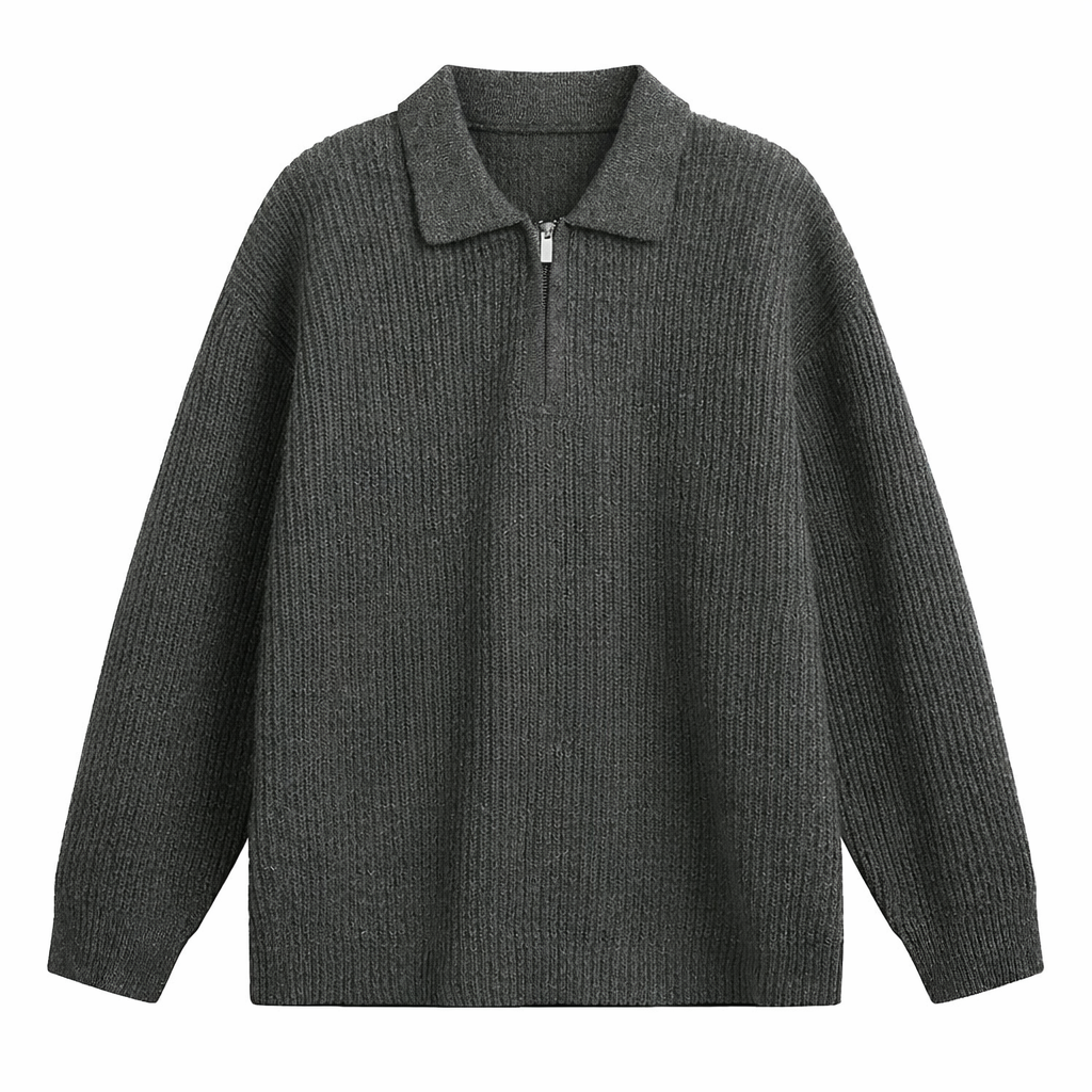 Men's relaxed quarter-zip jumper in chunky rib with a polo collar - charcoal