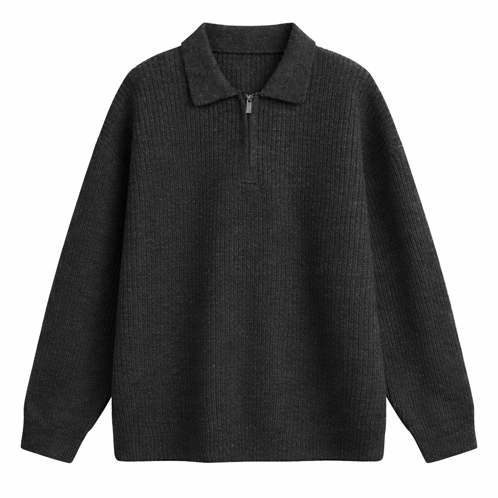 Men's relaxed quarter-zip jumper in chunky rib with a polo collar - black