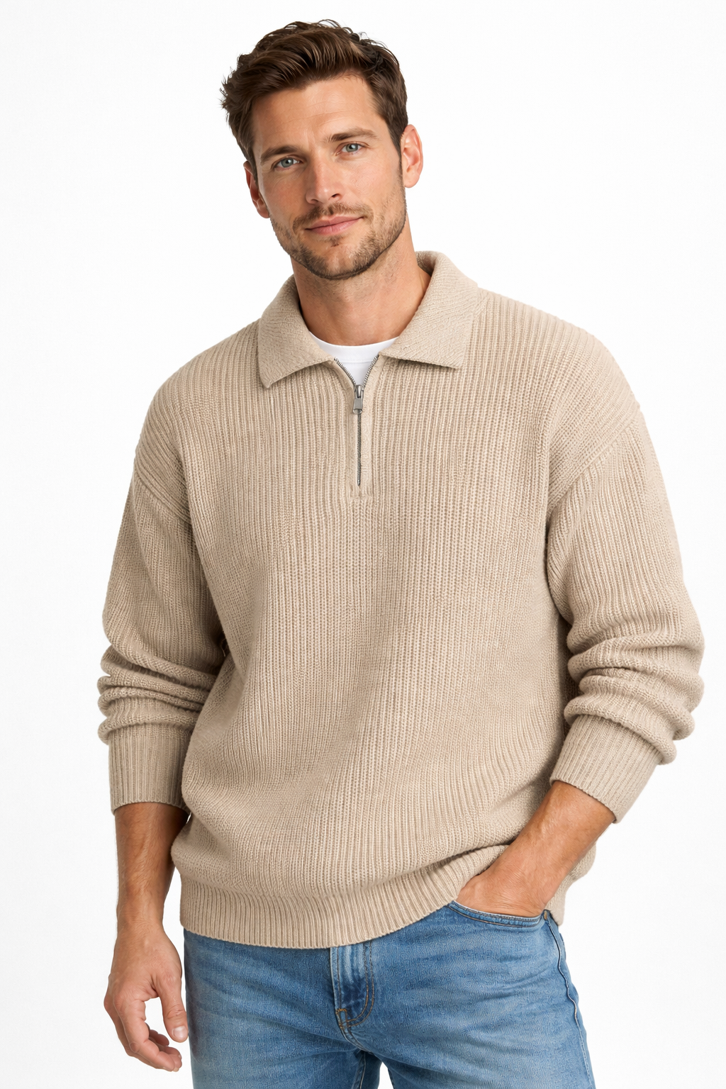 Men's relaxed quarter-zip jumper in chunky rib with a polo collar