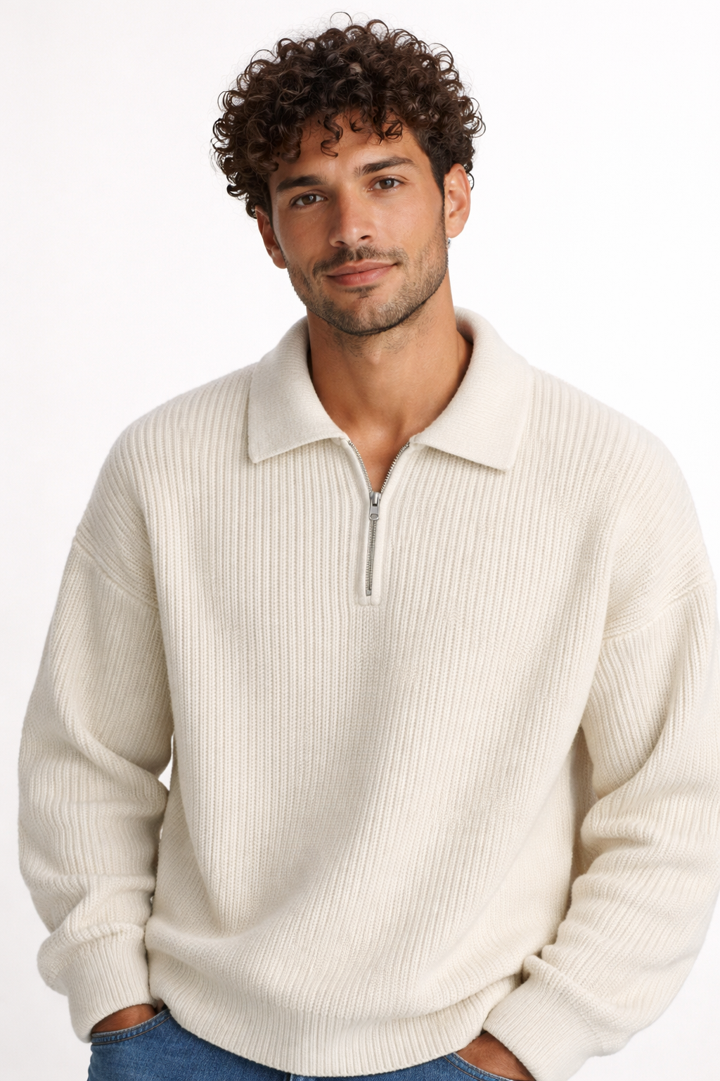Men's relaxed quarter-zip jumper in chunky rib with a polo collar