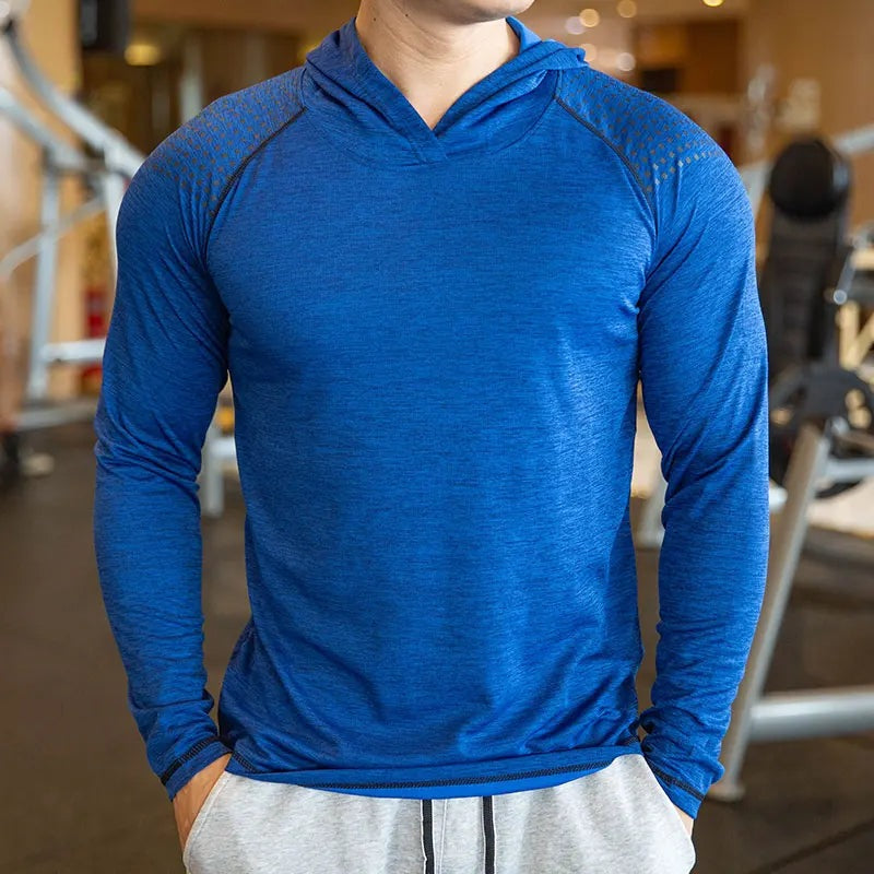 Men's hooded gym top with long raglan sleeves - cobalt blue