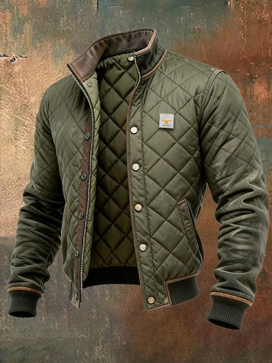 Men's quilted bomber jacket with a stand collar and diamond stitching