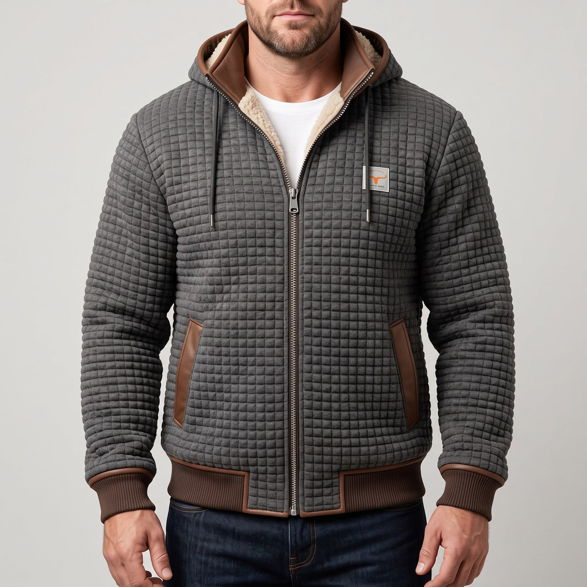 Men's quilted fleece jacket with a hood and sherpa lining - grey