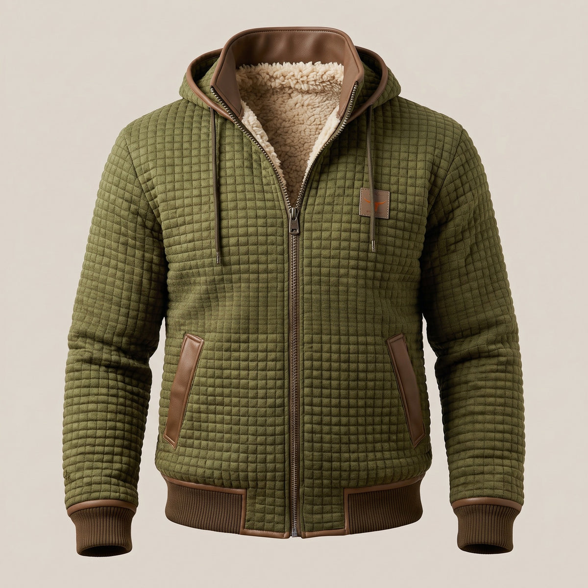 Men's quilted fleece jacket with a hood and sherpa lining - olive green