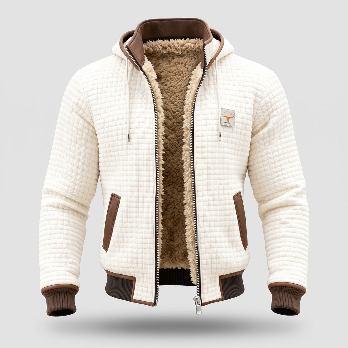 Men's quilted fleece jacket with a hood and sherpa lining - cream
