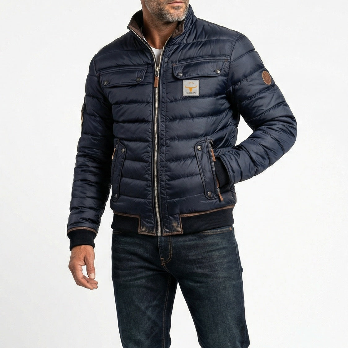 Men's quilted jacket with a brown stand collar and chest flap pockets - navy
