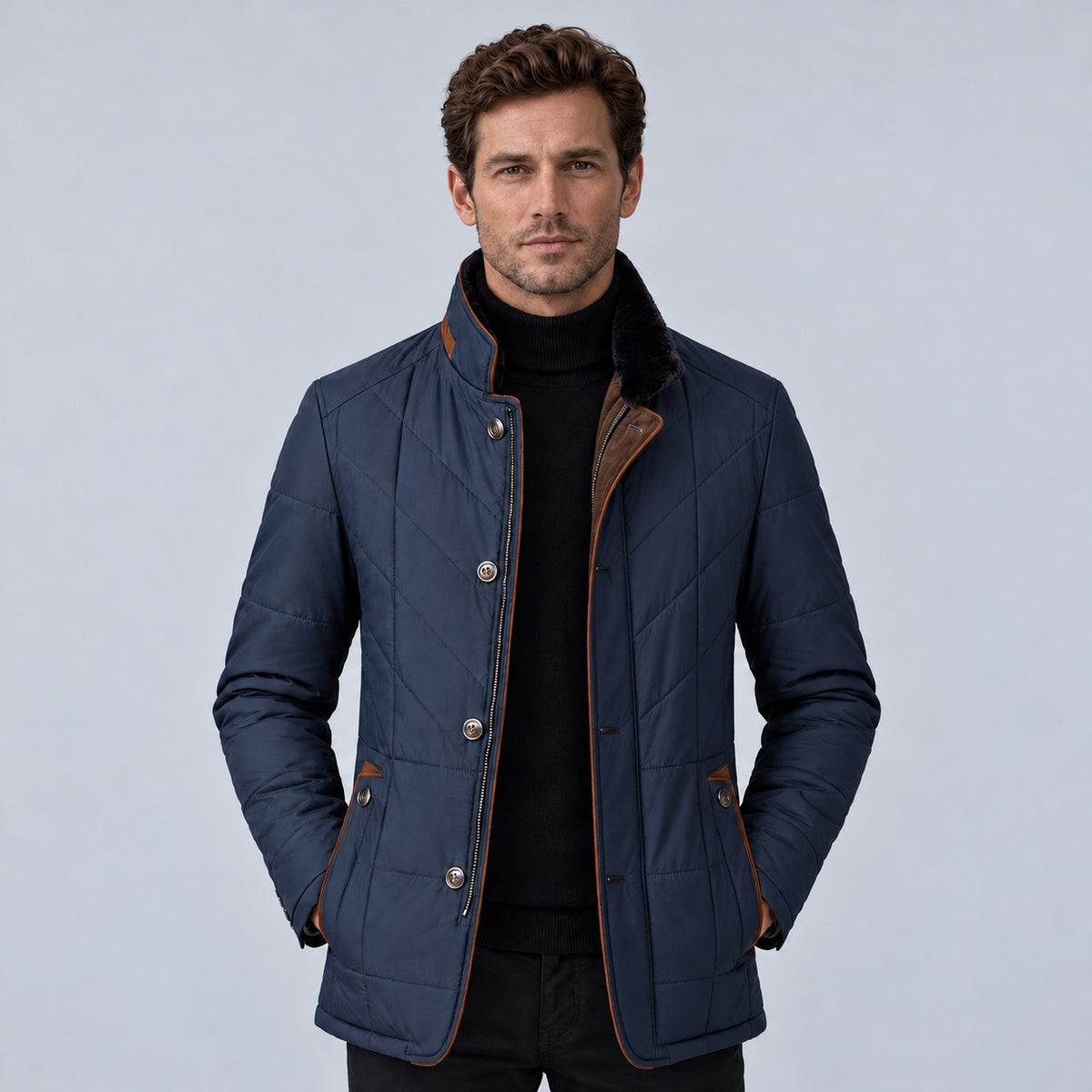 Men's quilted jacket with a stand collar, brown trim and a button front - navy