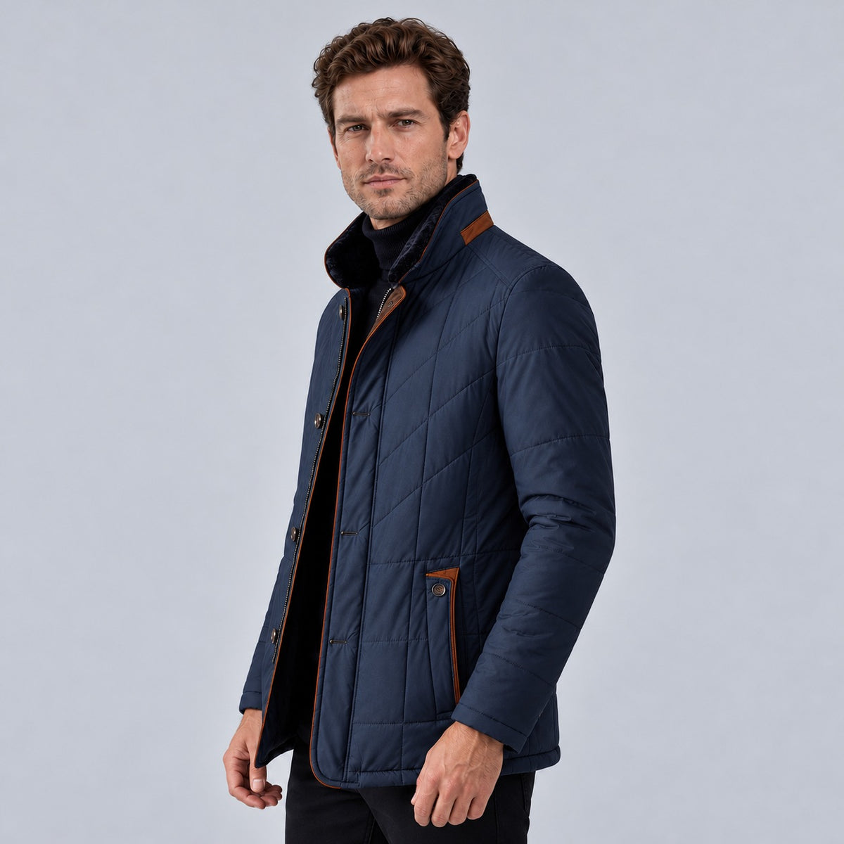 Men's quilted jacket with a stand collar, brown trim and a button front - view 2