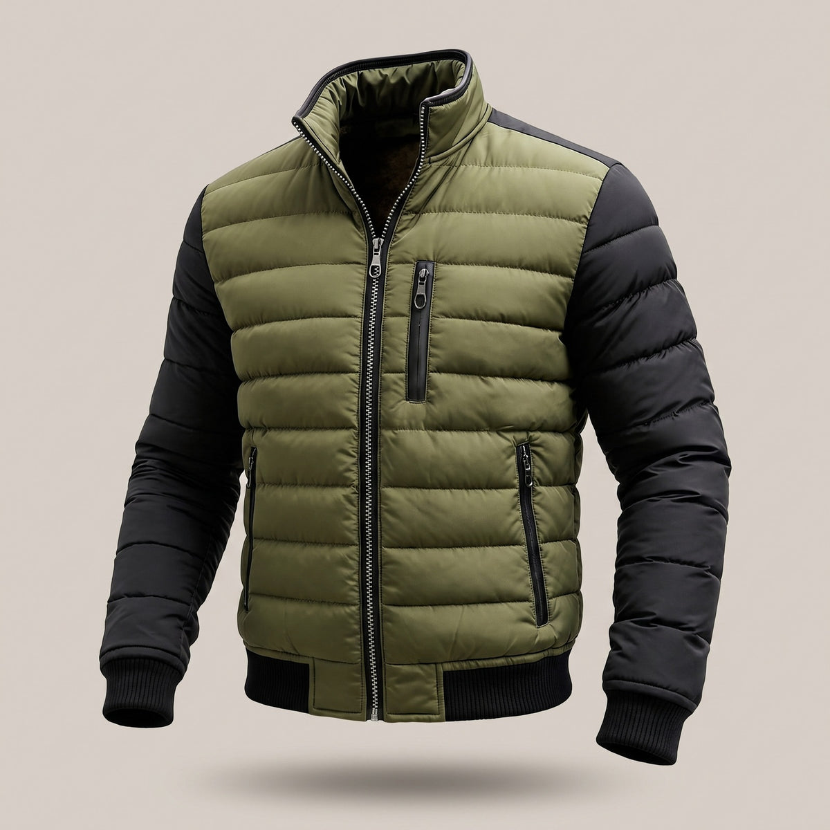 Men's quilted jacket with contrast sleeves and a chest pocket - olive/black