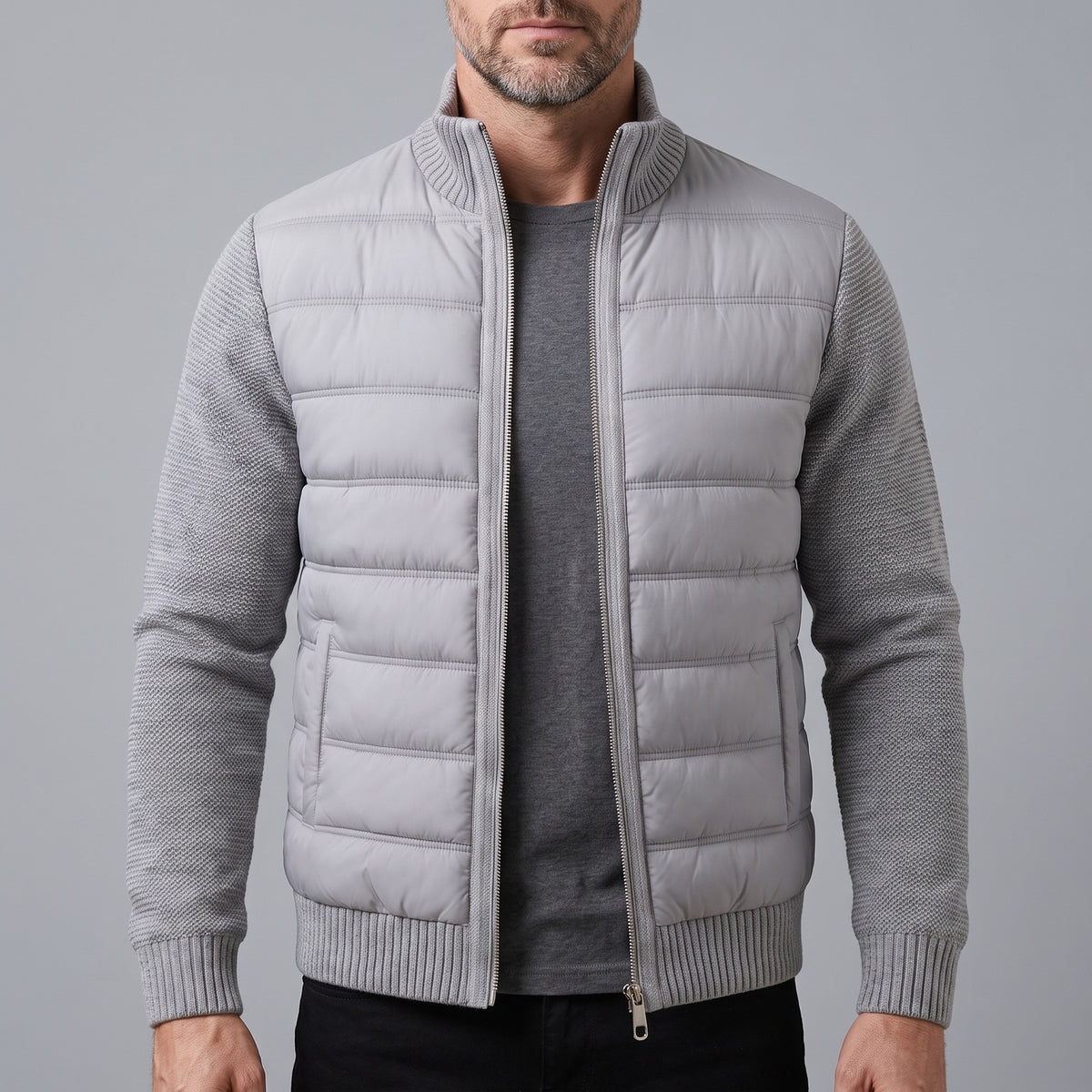 Men's quilted jacket with knitted sleeves and a stand collar - light grey