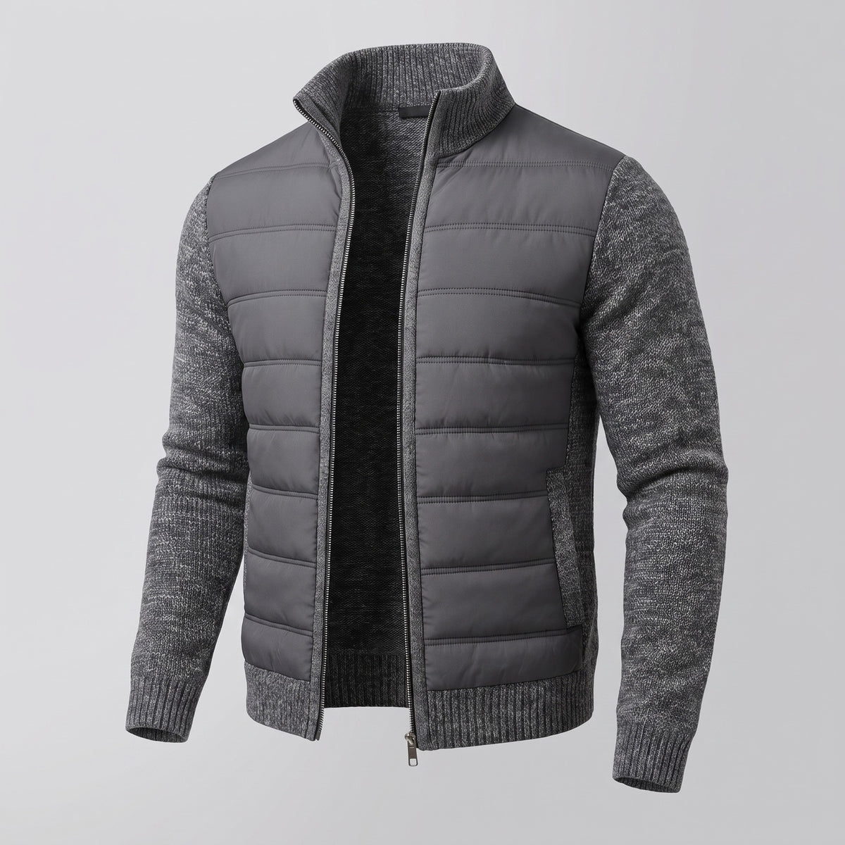 Men's quilted jacket with knitted sleeves and a stand collar - dark grey