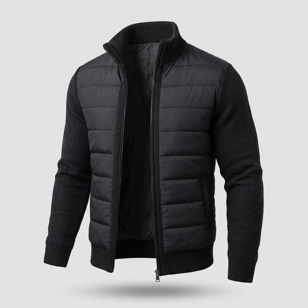 Men's quilted jacket with knitted sleeves and a stand collar - black