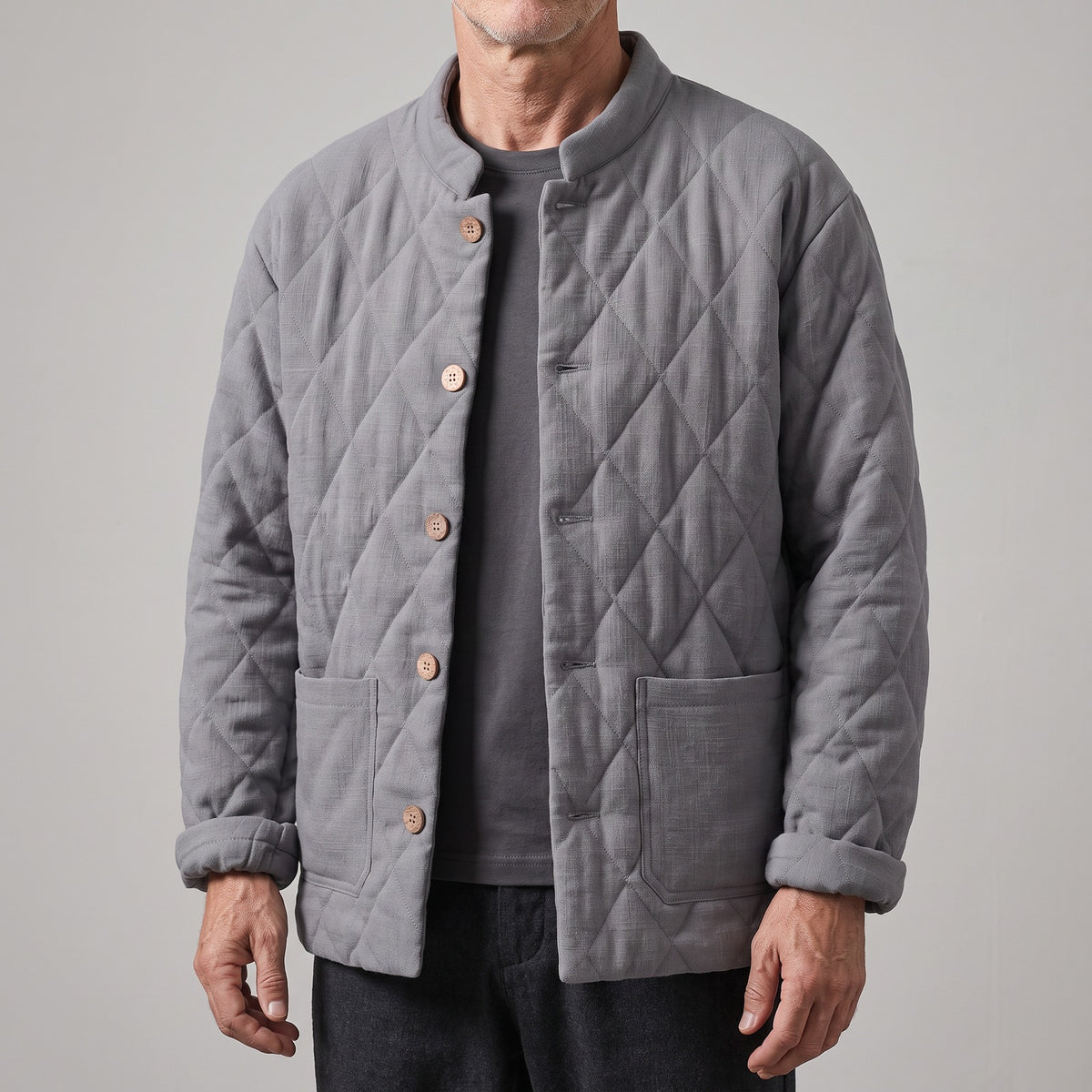Men's quilted jacket with a stand collar and button front - grey