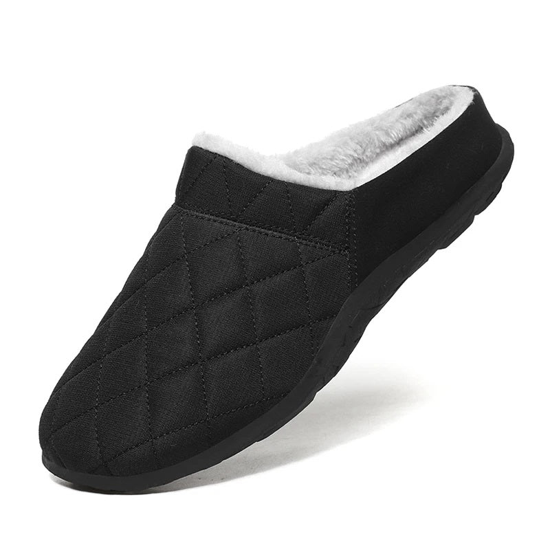 Men's quilted mule slippers with diamond stitching, plush lining and open back - black