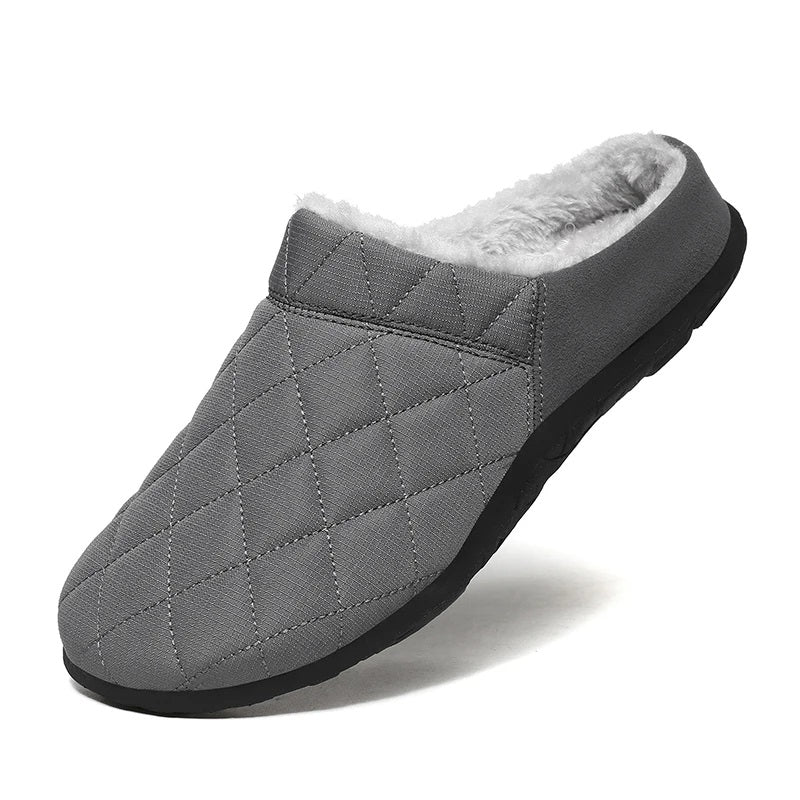 Men's quilted mule slippers with diamond stitching, plush lining and open back - grey