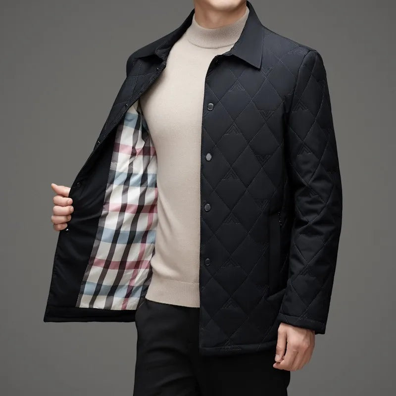 Men's quilted shirt jacket with press studs and a check lining - view 2