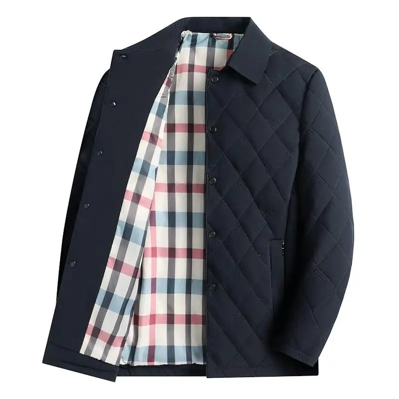 Men's quilted shirt jacket with press studs and a check lining - navy