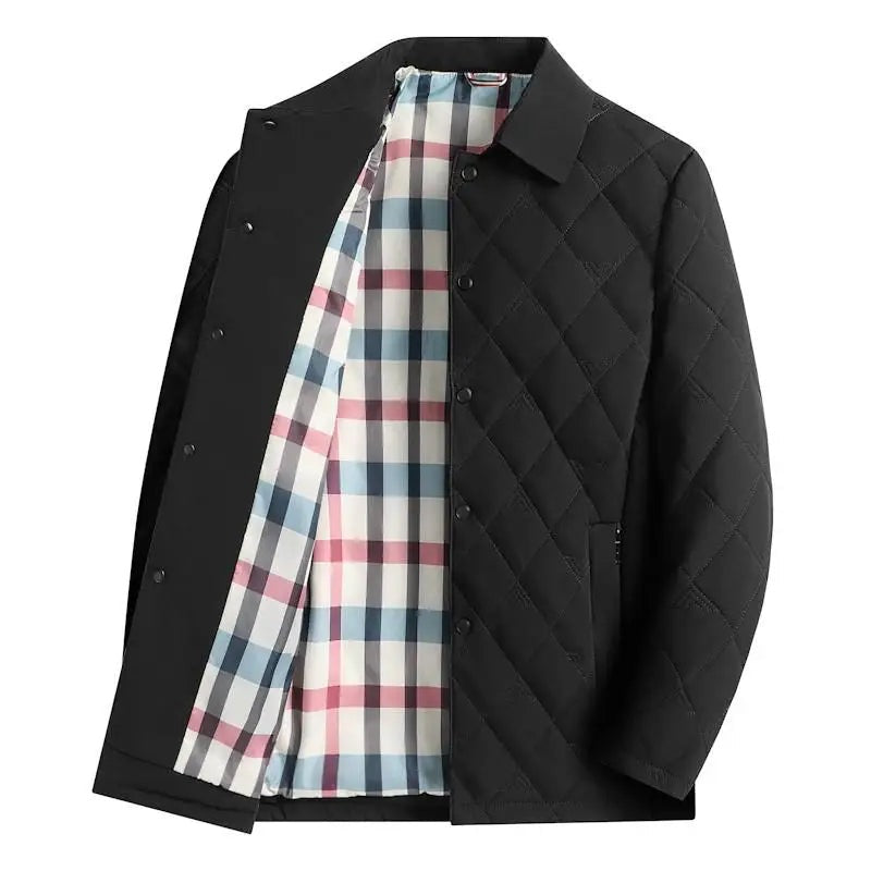 Men's quilted shirt jacket with press studs and a check lining - black