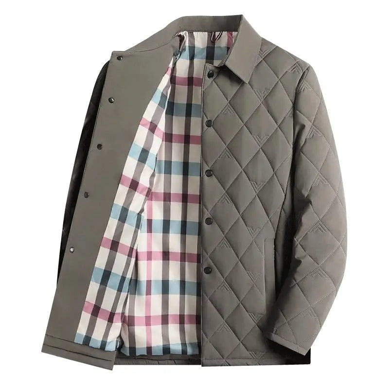 Men's quilted shirt jacket with press studs and a check lining - khaki