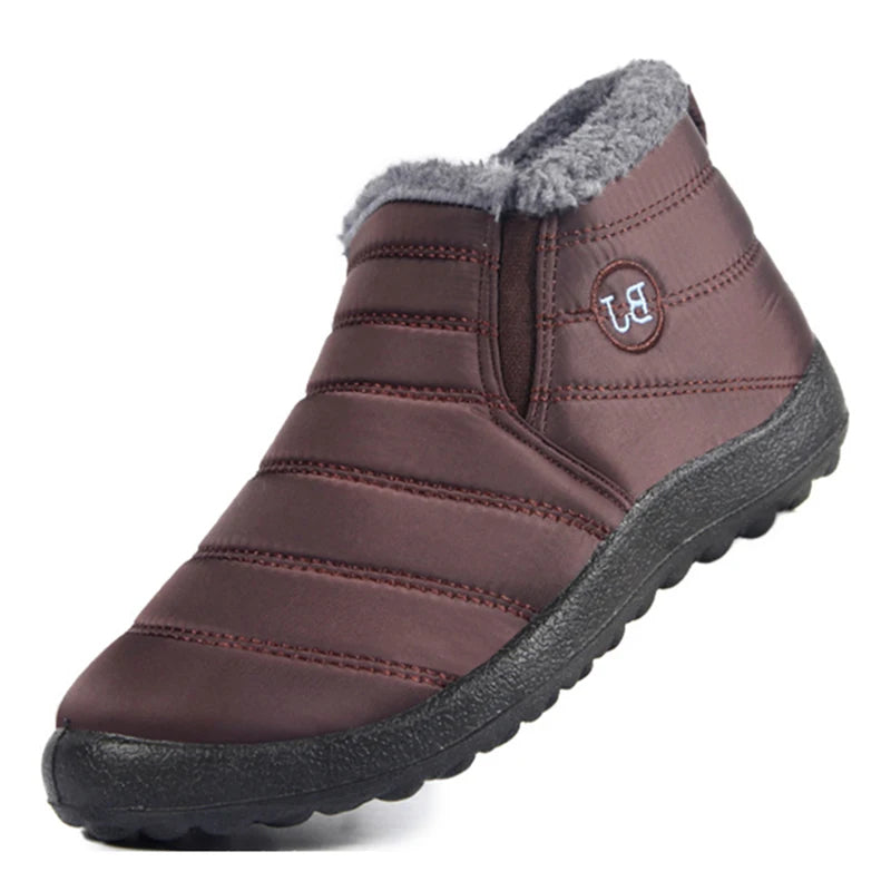 Men's snow boots with a quilted upper, side elastic, plush collar and tread sole - brown