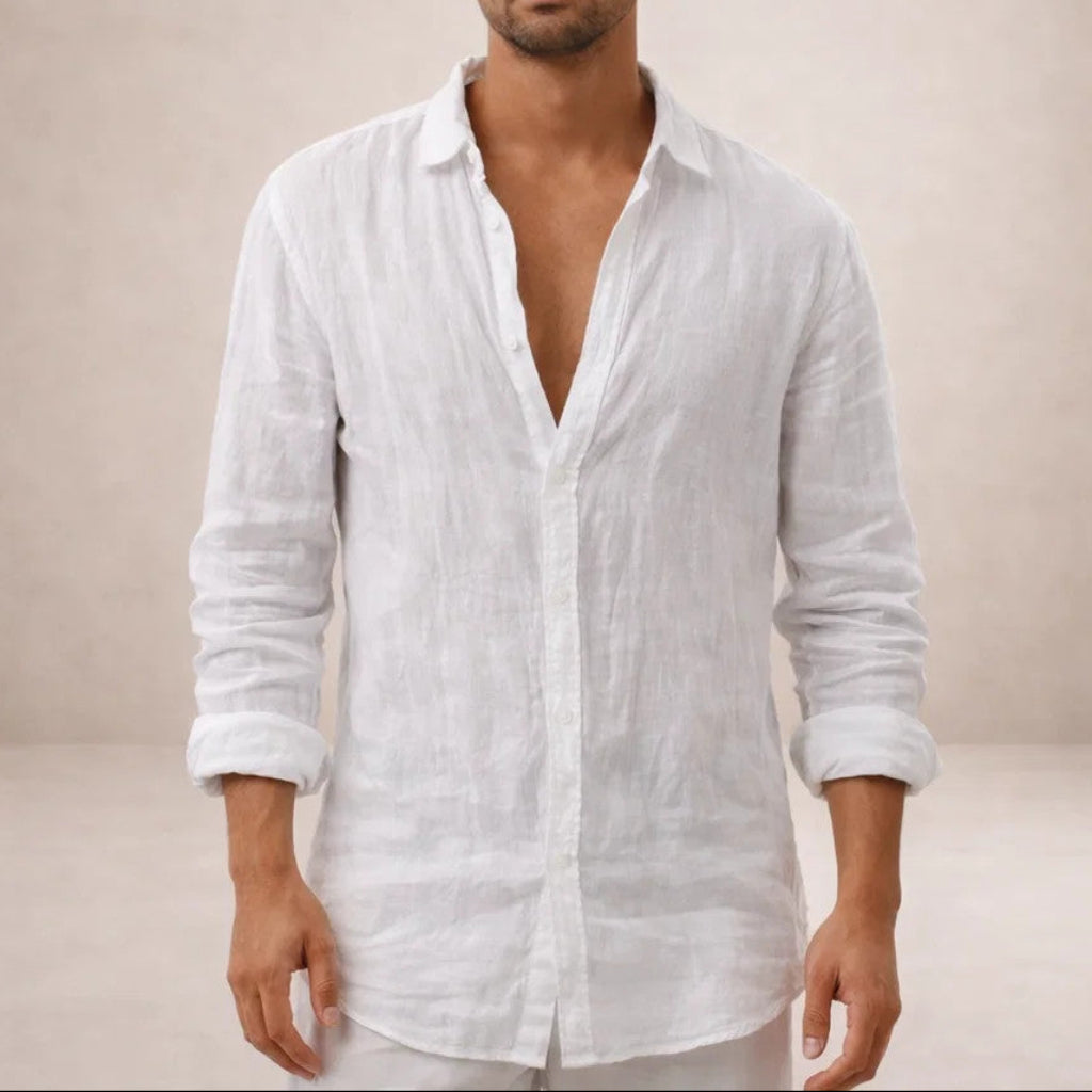 Men's regular fit shirt in a linen look with long sleeves, small collar and white buttons - white