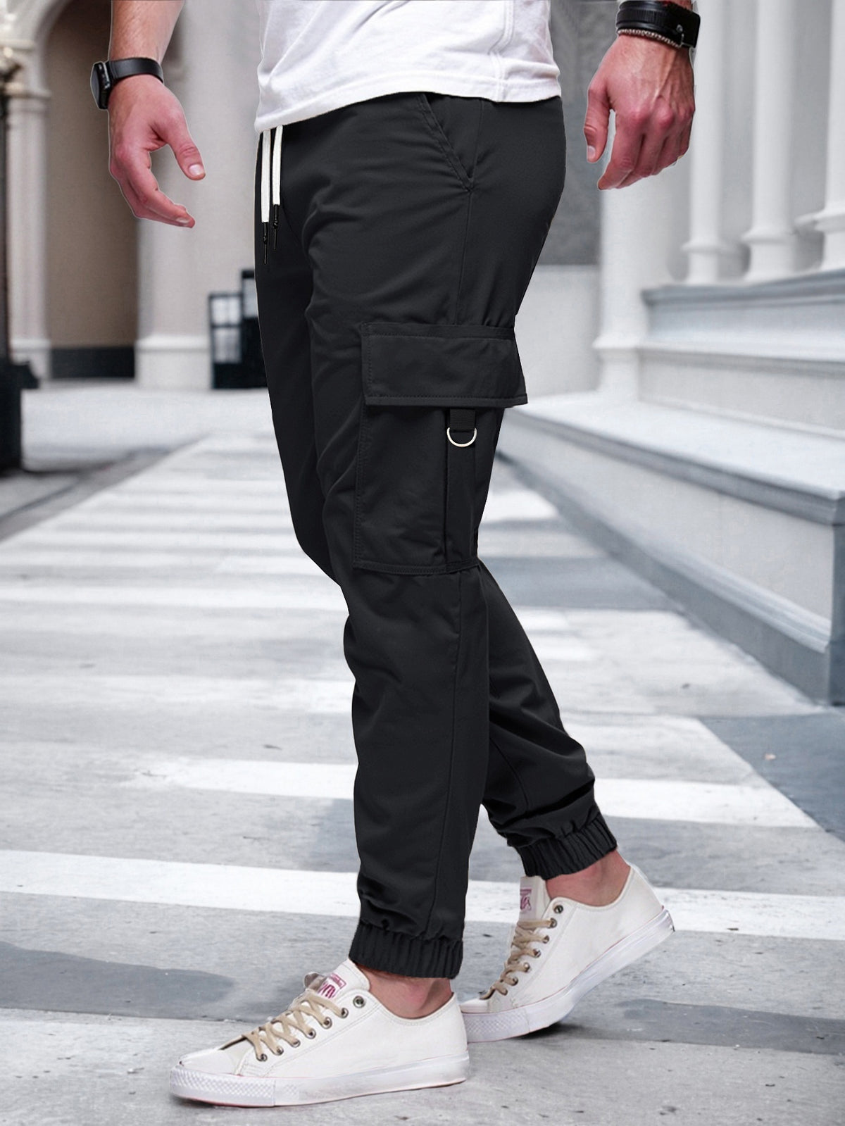 Relaxed cargo joggers for men with a drawcord waist, thigh flap pockets and cuffed ankles - view 12