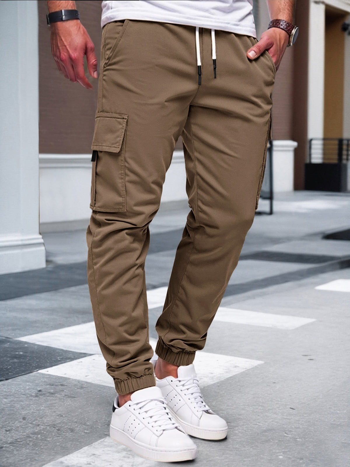 Relaxed cargo joggers for men with a drawcord waist, thigh flap pockets and cuffed ankles - view 14