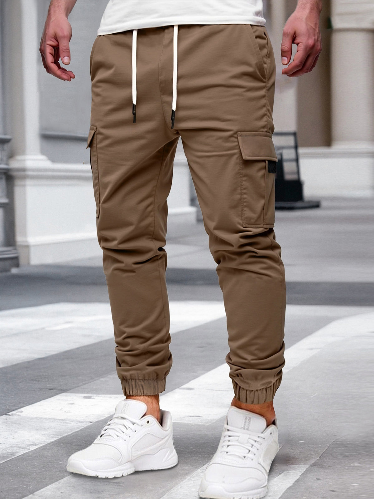 Relaxed cargo joggers for men with a drawcord waist, thigh flap pockets and cuffed ankles - brown