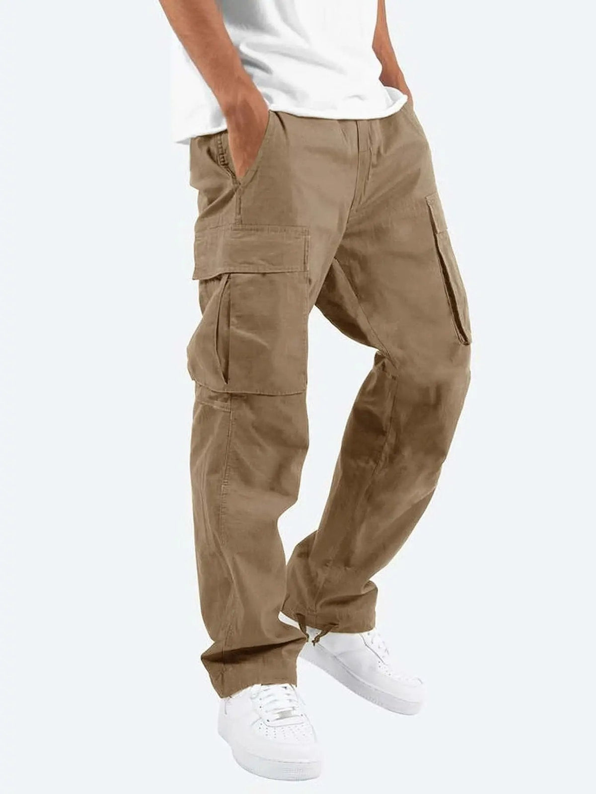 Men's relaxed cargo trousers with a drawcord waist and flap pockets - brown