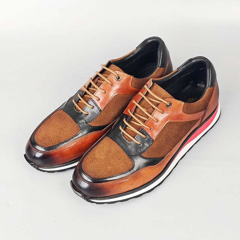 Men's retro faux leather trainers with a patina finish, matte panels and a red midsole stripe - cognac
