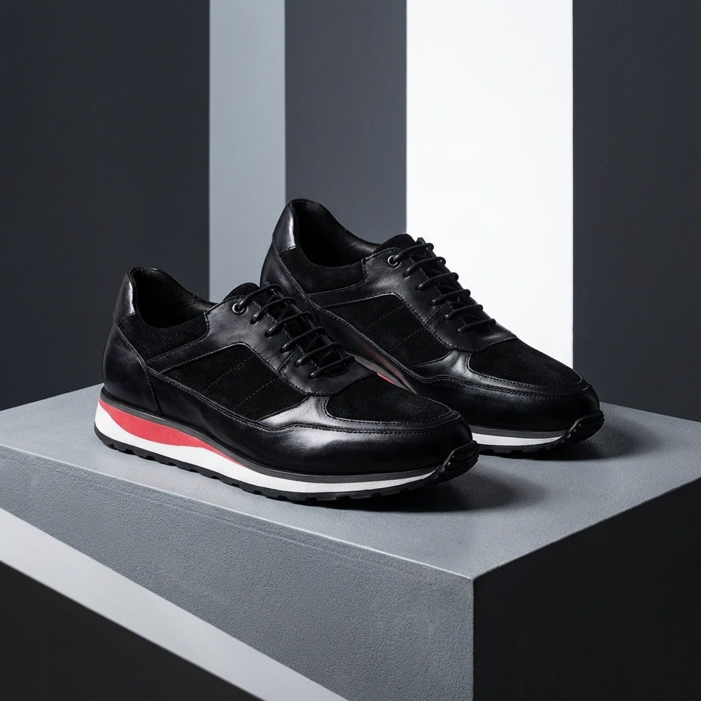 Men's retro faux leather trainers with a patina finish, matte panels and a red midsole stripe - view 10