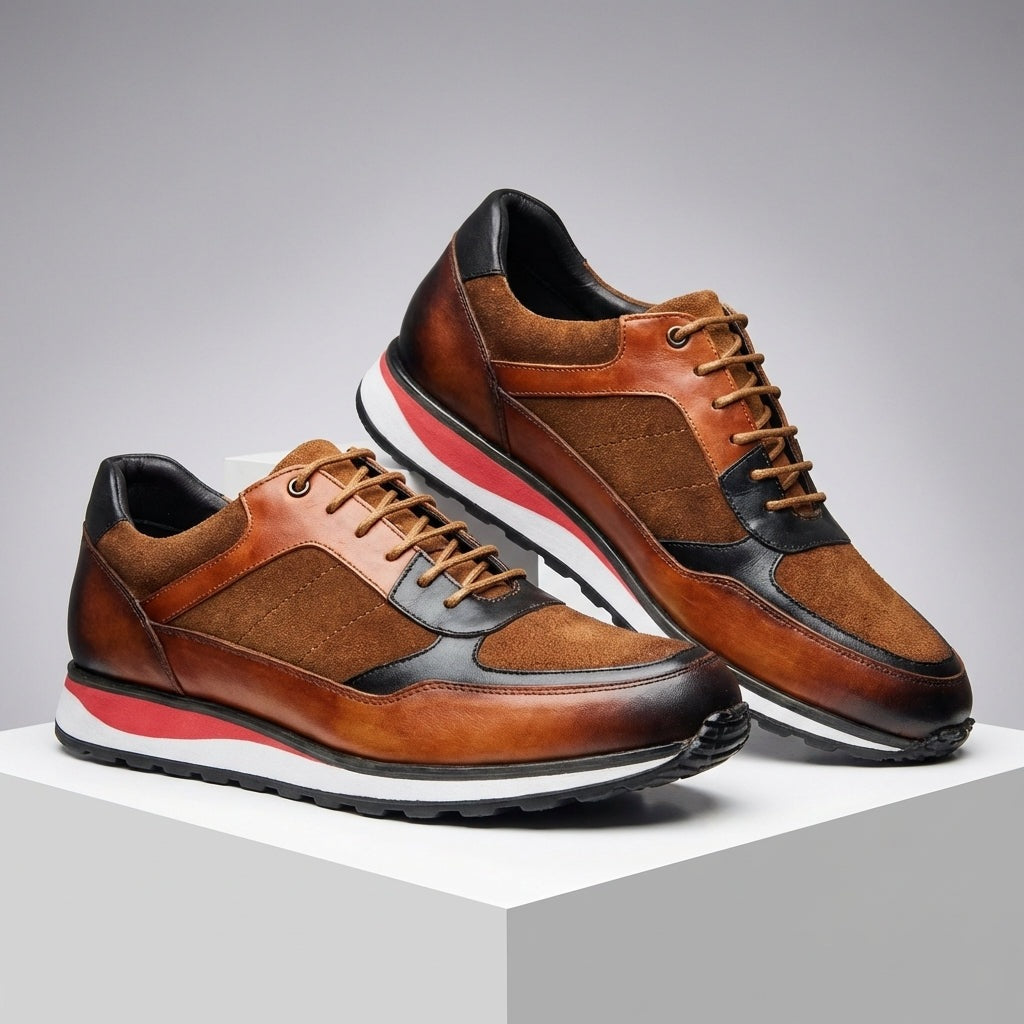 Men's retro faux leather trainers with a patina finish, matte panels and a red midsole stripe - view 7