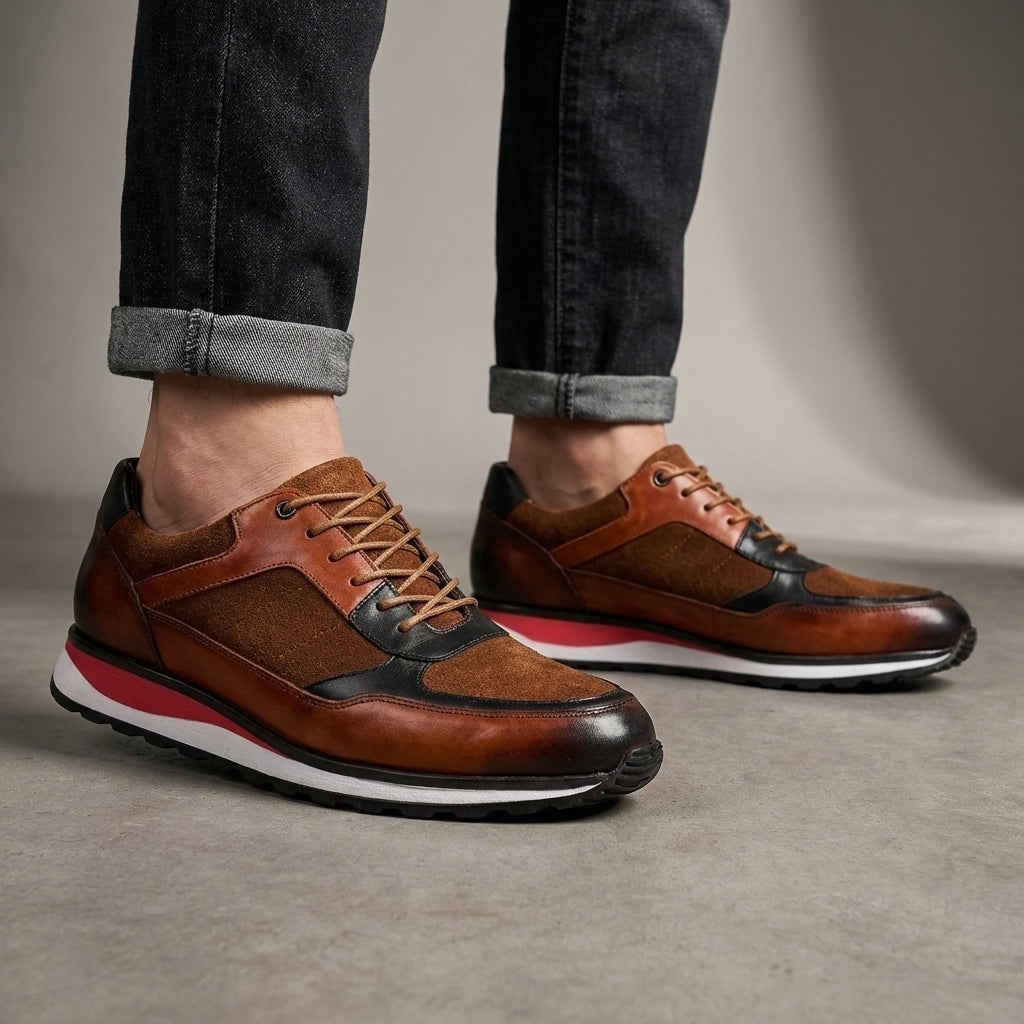 Men's retro faux leather trainers with a patina finish, matte panels and a red midsole stripe - view 8