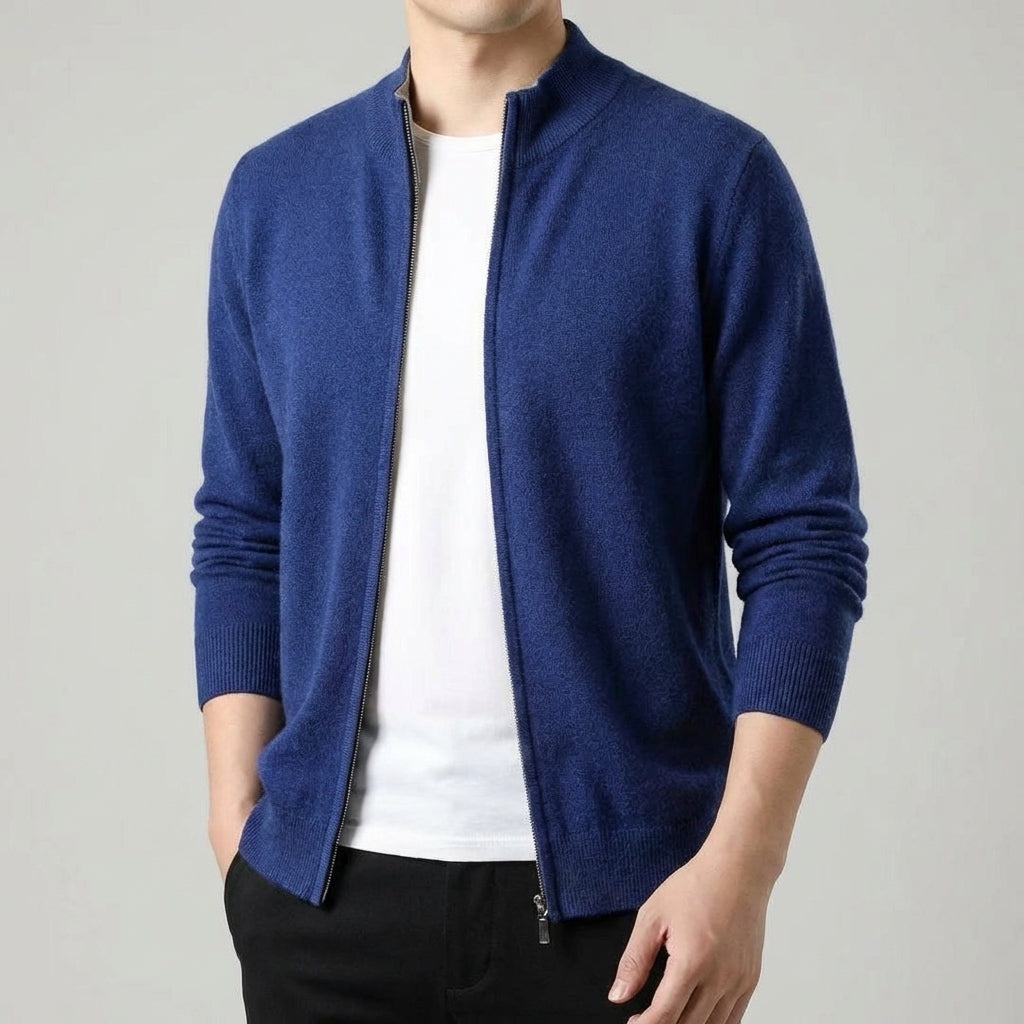 Men's reversible knitted zip cardigan with a stand collar