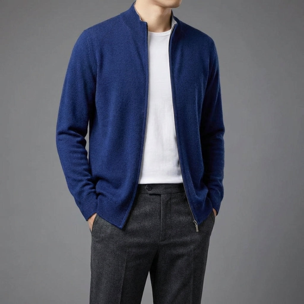 Men's reversible knitted zip cardigan with a stand collar - view 3