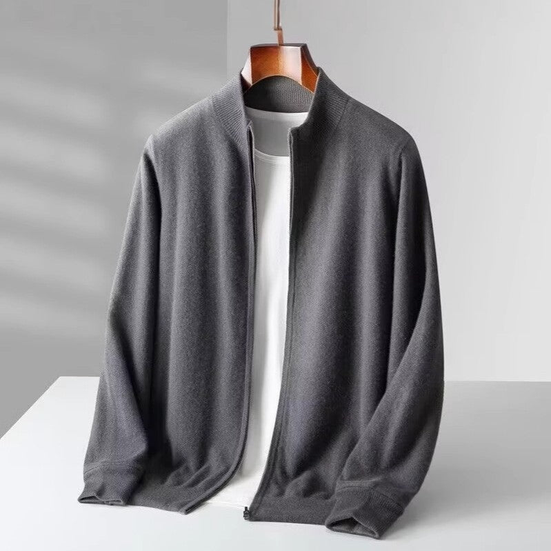 Men's reversible knitted zip cardigan with a stand collar - dark grey