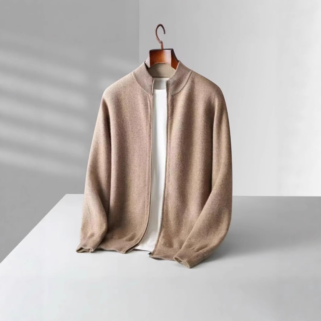 Men's reversible knitted zip cardigan with a stand collar - camel