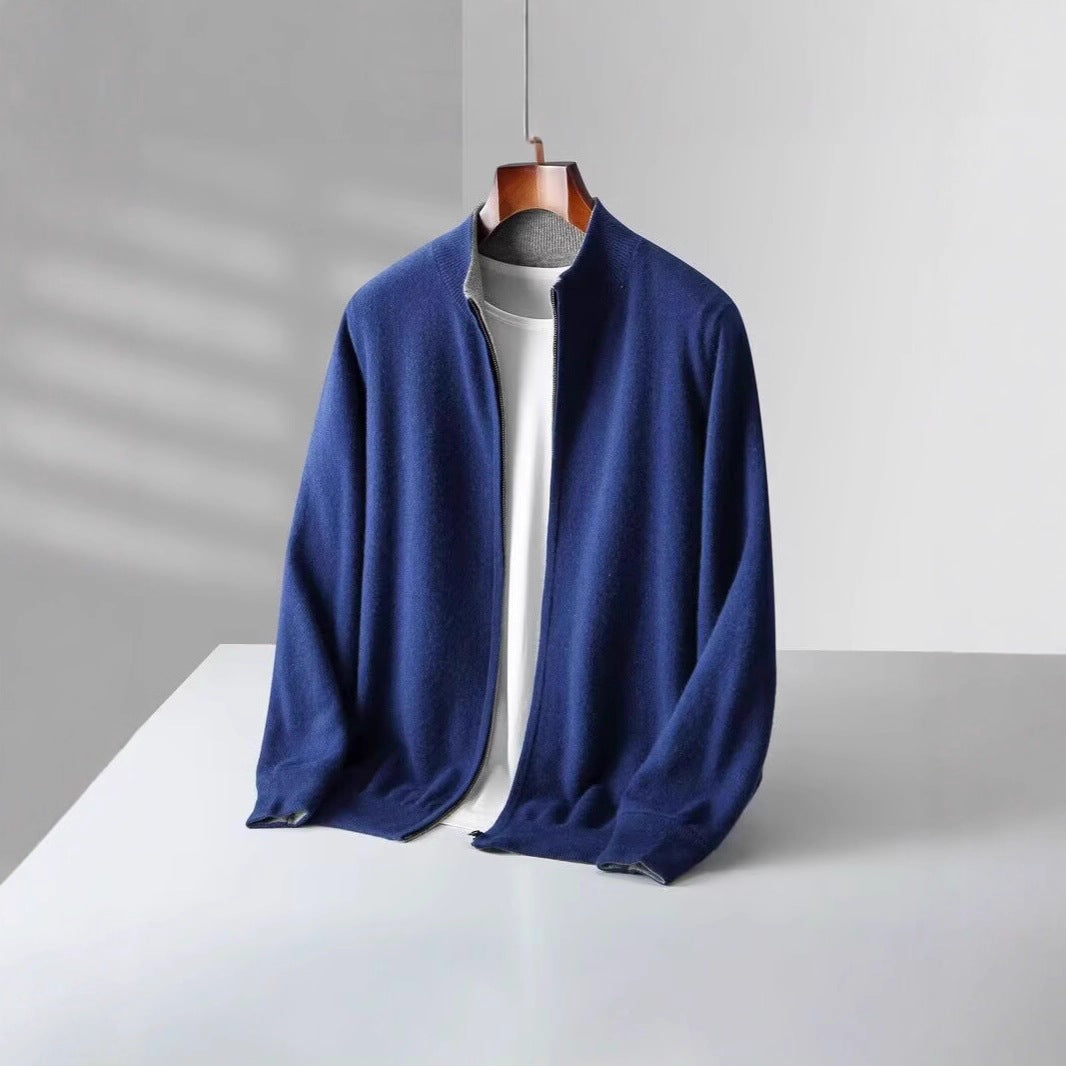 Men's reversible knitted zip cardigan with a stand collar - royal blue