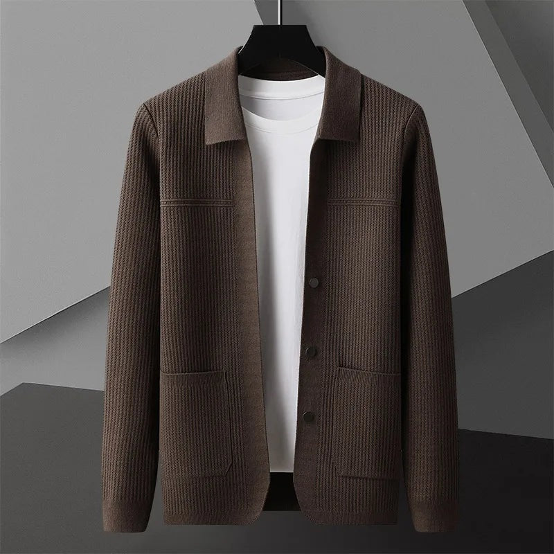 Men's ribbed knit cardigan with a shirt collar, buttons and patch pockets - brown