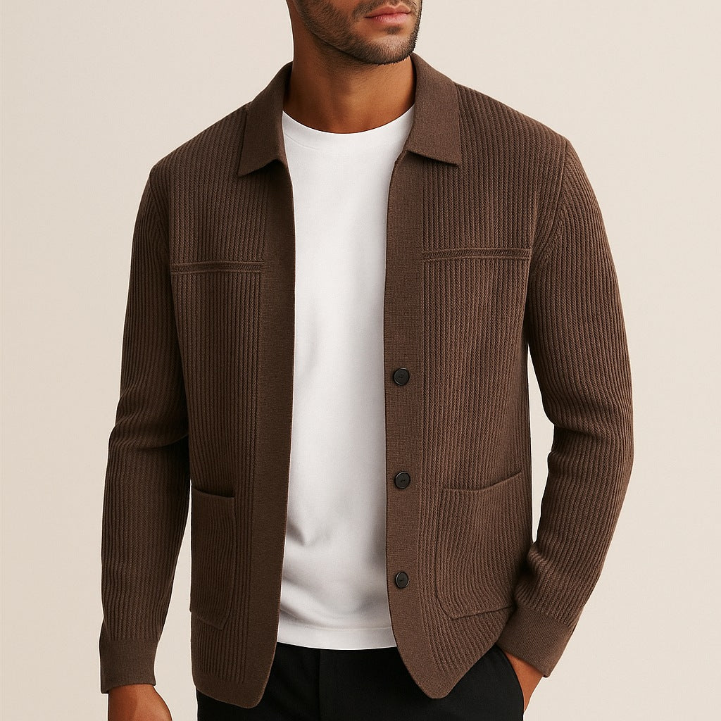 Men's ribbed knit cardigan with a shirt collar, buttons and patch pockets - view 2