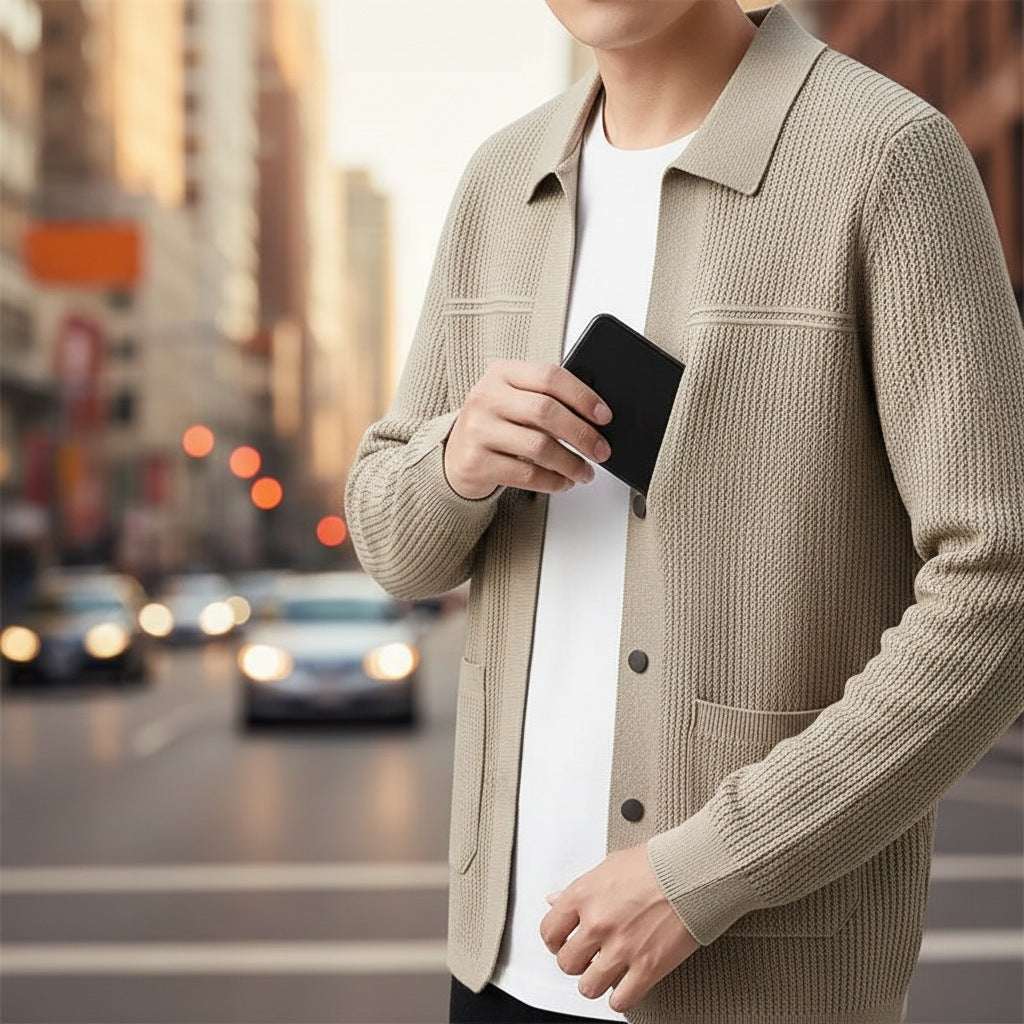 Men's ribbed knit cardigan with a shirt collar, buttons and patch pockets - view 4